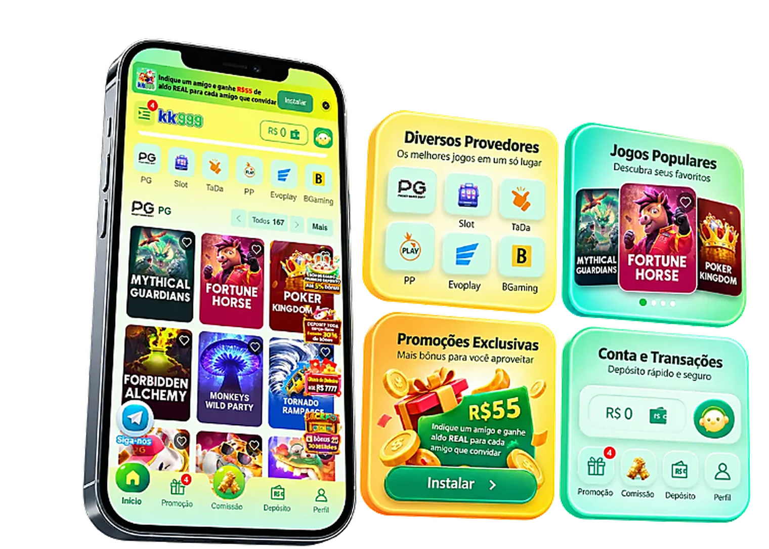 Visual do aplicativo KK999 em um celular, com jogos, promoções e recursos de conta