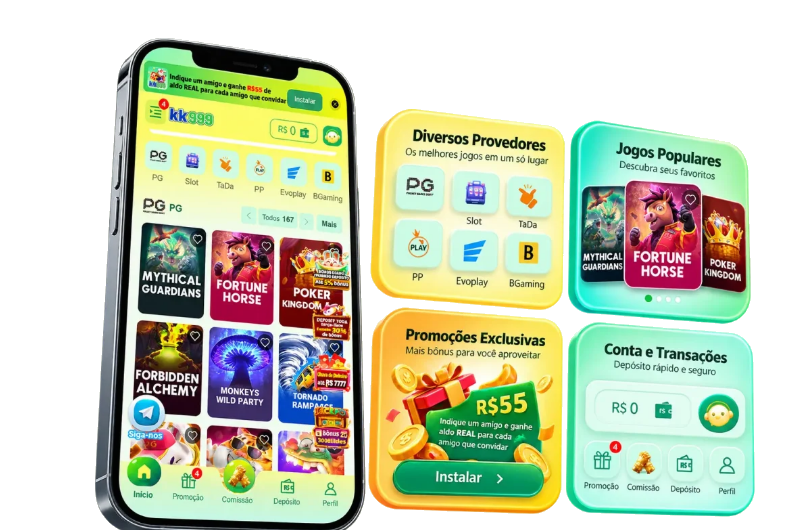 Prévia do aplicativo KK999 em um celular, com jogos, provedores, promoções e conta